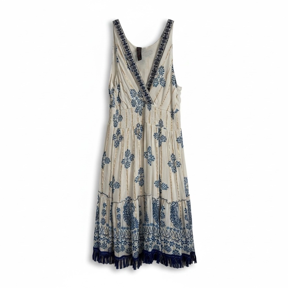 Me 2 Magic Boho Embroidered Midi Dress Blue‎ Gold Metallic Fringe V-Neck Large